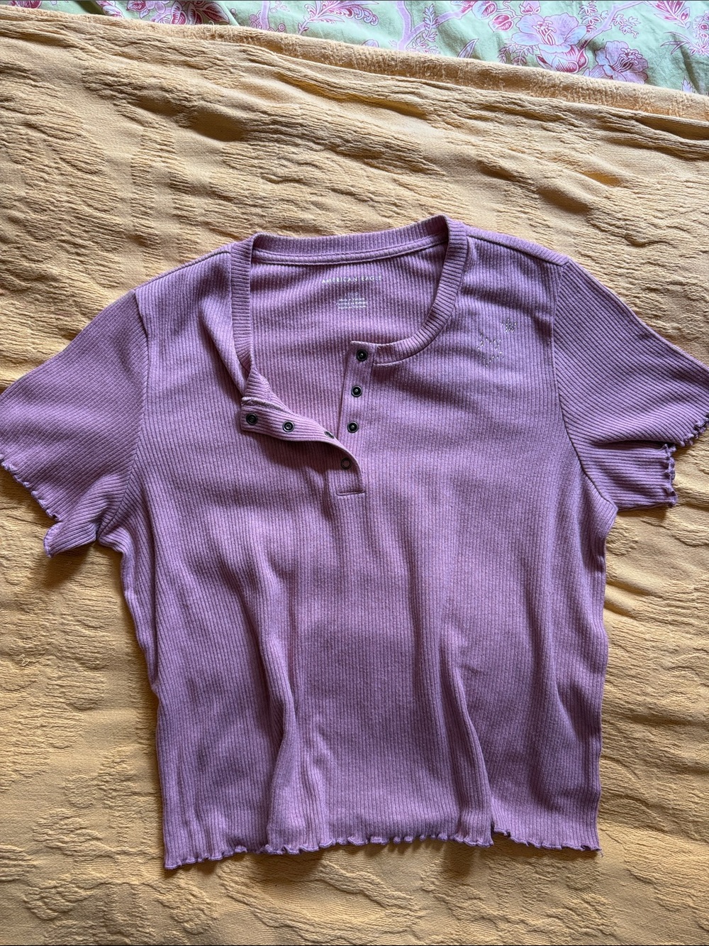 American Eagle Outfitters Lavender Ribbed Henley Crop Tee